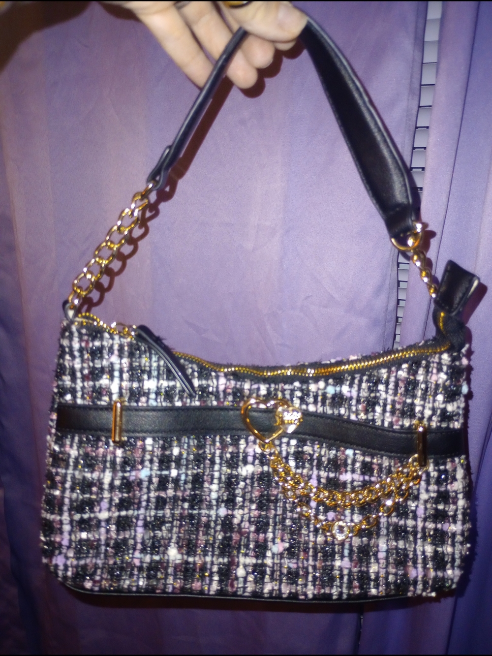 Juicy Couture Black & Pink Tweed Shoulder Bag with Gold Chain Accents